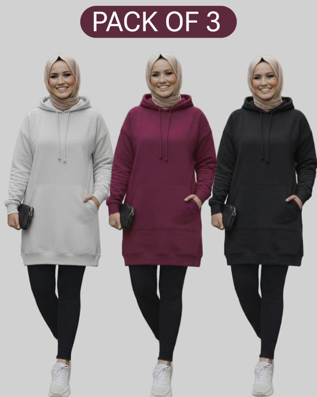 Pack of 3 – Women’s Long Hoodies (Premium Fleece, Full Sleeves)